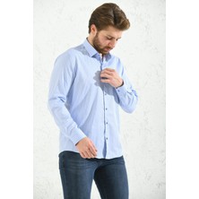 Fitmens Slim Fit Uzun Kol Premium Kalın Çizgili Hediye Kutulu Kolay Ütülenebilir Erkek Gömlek - Açık Mavi