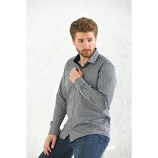 Fitmens Slim Fit Uzun Kol Premium Kalın Çizgili Hediye Kutulu Kolay Ütülenebilir Erkek Gömlek - Siyah