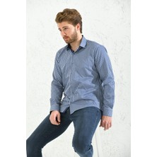 Fitmens Slim Fit Uzun Kol Premium Kalın Çizgili Hediye Kutulu Kolay Ütülenebilir Erkek Gömlek - Lacivert