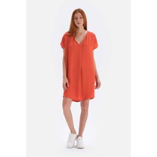 Dagi Kiremit Saten Yüzeyli Viskon Elbise