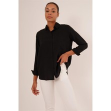 Cotton Mood 23134085 Ayrobin Robalı Tek Cepli Katlamalı Uzun Kol  Gömlek Siyah