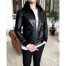 Terzi Adem %100 orjinal kuzu derisi kürk yaka mont deri ceket Siyah T5059