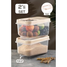 Meleni Home 2'li Set 7,5 Lt Bakliyat Saklama Kabı - Kayar Kapaklı Erzak Saklama Kabı Un Kabı Krem Multi Box