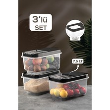 Meleni Home 3'lü Set Multibox 7,5 Lt Bakliyat Saklama Kabı - Kayar Kapaklı Erzak Saklama Kabı Un Kabı Antrasit