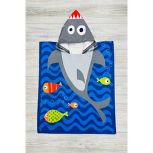 Podium Giyim Yeni %100 Pamuklu Balık Desenli Kapüşonlu Panço Bornoz Plaj - Havuz -Banyo  Çocuk Havlu