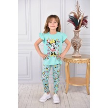 Urz Kids Yazlık Minnie Mouse Baskılı Çiçek Desenli Tayt T-Shirt Takım