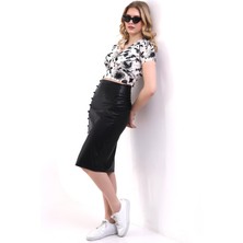 Mois Atelier Beyaz Siyah Çiçek Desenli V Yaka Kısa Kollu Kadın Bluz Tasarım Hediye Büyük Beden