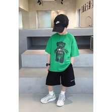 Kids Face Özel Tasarım Tüylü Ayıcık Baskılı %100 Pamuk Erkek Çocuk T-Shırt Bermuda Şort Takımı