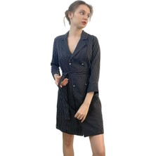 Mois Atelier Beyaz Çizgili Düğme Detaylı Kuşaklı Siyah Mini Kadın Abiye Elbise Tasarım Hediye Büyük Beden