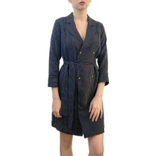 Mois Atelier Beyaz Çizgili Düğme Detaylı Kuşaklı Siyah Mini Kadın Abiye Elbise Tasarım Hediye Büyük Beden