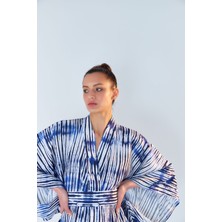 Zau Batik Desenli Saks Mavisi Kuşaklı Kimono&kaftan