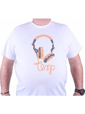 Starbattal Büyük Beden Sıfır Yaka Tişört Headphone 23172 Beyaz