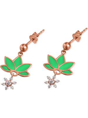 Papatya Silver 925 Ayar Gümüş Parlayan Rüya Serisi Ebruli Cam Boyalı Yeşil Lotus, Kartenesi Küpe