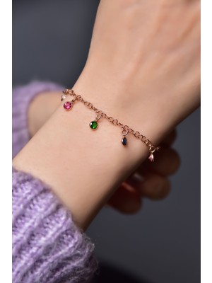 Papatya Silver 925 Ayar Gümüş Rose Kaplama  Mix Zirkon Taşlı Zincir Bileklik