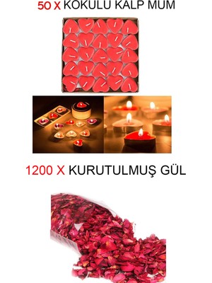 Cennet Store 50 Adet Kırmızı Kalpli Mum ve 1 Paket Gerçek Kurutulmuş Gül Mum Evlilik Teklifi Özel Gün Sevgili