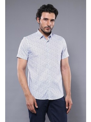 Wessi Mavi Çiçek Desenli Kısa Kollu Gömlek  Wessi