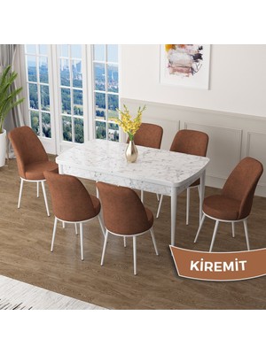 Canisa Concept Zen Serisi Açılabilir Beyaz Mermer Desen Mdf 80X132 Mutfak Masası Takımı  6 Sandalye
