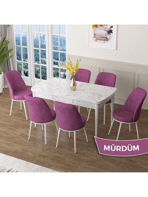 Canisa Concept Zen Serisi Açılabilir Beyaz Mermer Desen Mdf 80X132 Mutfak Masası Takımı  6 Sandalye