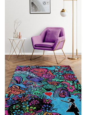 Homshtag Balonlu Kızın Baktığı Yer Dokuma Tabanlı Yıkanabilir Dekoratif Graffiti Halısı