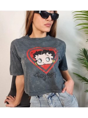 RYN Tasarım Kadın Betty Boop Kalp Detaylı Kısa Kol T-Shirt