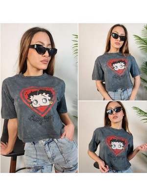 RYN Tasarım Kadın Betty Boop Kalp Detaylı Kısa Kol T-Shirt