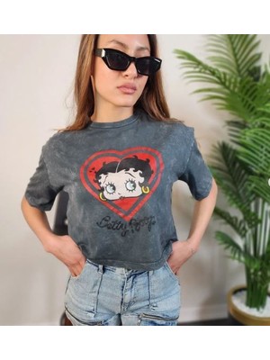 RYN Tasarım Kadın Betty Boop Kalp Detaylı Kısa Kol T-Shirt