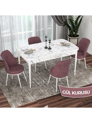 Canisa Concept  Via Serisi Beyaz Mermer Desen Açılabilir 80X132 Mutfak Masası Takımı 4 Adet Sandalye