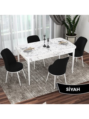 Canisa Concept  Via Serisi Beyaz Mermer Desen Açılabilir 80X132 Mutfak Masası Takımı 4 Adet Sandalye