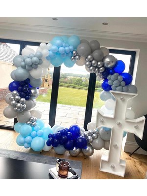 Eğlence Marketi Krom Gümüş Makaron Mavi Pastel Lacivert ve Gri Balon Zinciri 100 Adet