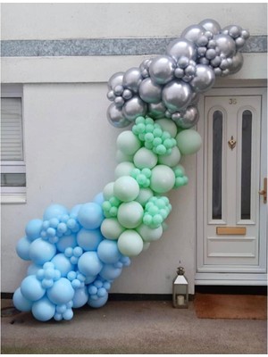 Eğlence Marketi Krom Gümüş Makaron Mavi ve Mint Yeşili Pastel Balon Zinciri 100 Adet