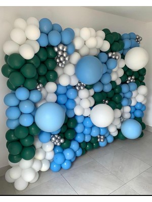 Eğlence Marketi Krom Gümüş Koyu Yeşil Makaron Mavi ve Beyaz Balon Zinciri 100 Adet