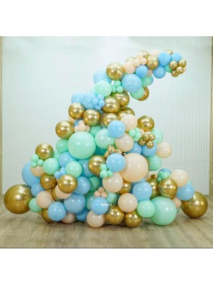 Eğlence Marketi Krom Gold Makaron Mavi Mint ve Somon Balon Zinciri 100 Adet