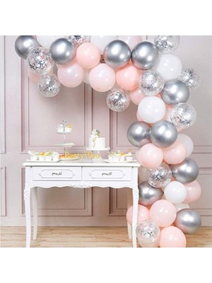 Eğlence Marketi Pastel Pembe Beyaz Gümüş Krom Konfetili Balon Zincir Seti