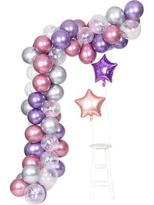 Eğlence Marketi Pembe Mor Gümüş Konfetili Balon Zincir Seti