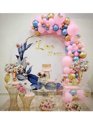 Eğlence Marketi Krom Gold Krom Mavi ve Makaron Pembe Balon Zinciri 100 Adet