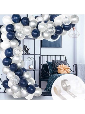 Eğlence Marketi Gece Mavisi Beyaz Gümüş Konfetili Balon Zincir Seti
