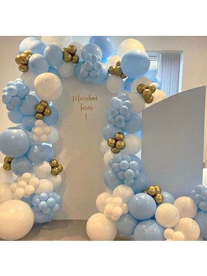 Eğlence Marketi Krom Gold Makaron Mavi ve Beyaz Balon Zinciri 100 Adet