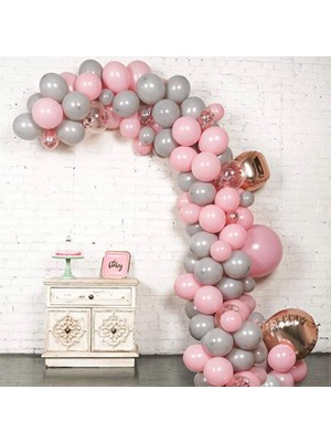Eğlence Marketi Gri Pembe Rose Konfetili Balon Zincir Seti