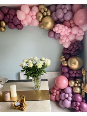 Eğlence Marketi Krom Gold Yaban Çileği Toz Pembe ve Makaron Pembe Balon Zinciri 100 Adet