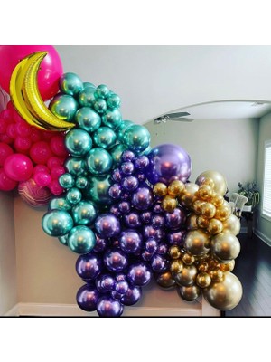 Eğlence Marketi Krom Gold Yeşil Mor ve Fuşya Balon Zinciri 100 Adet