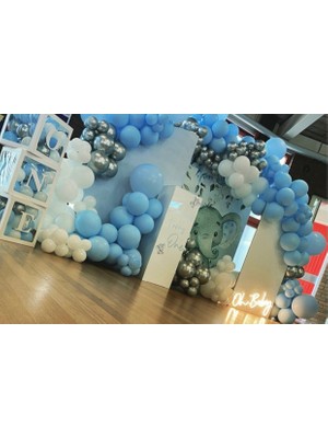 Eğlence Marketi Krom Gümüş Makaron Mavi ve Beyaz Balon Zinciri 100 Adet