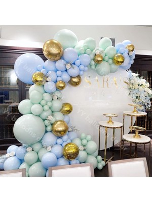 Eğlence Marketi Krom Gold Makaron Mavi ve Mint Yeşili Balon Zinciri 100 Adet