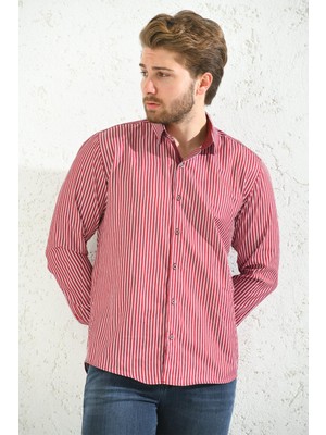 Slim Fit Uzun Kol Premium Kalın Çizgili Hediye Kutulu Kolay Ütülenebilir Erkek Gömlek - Bordo