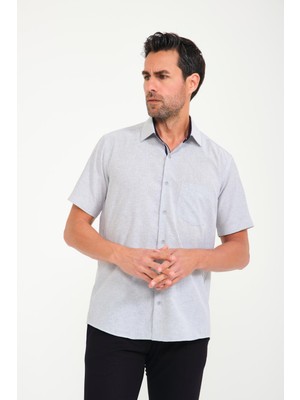 Klasik Kısa Kol Keten Cotton Garneli Hediye Kutulu Erkek Gömlek - Gri