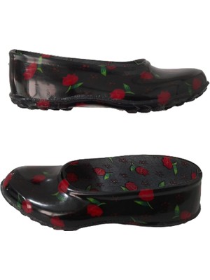 Emek Lastik Kadın Siyah-Kırmızı Laleli Çiçek Desenli Kaymaz Taban Iş Ayakkabısı