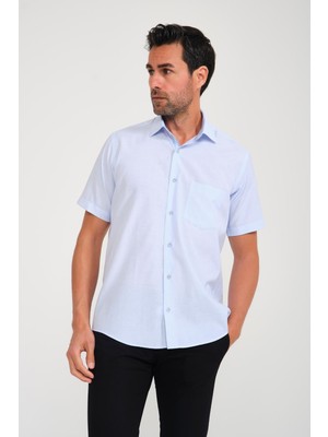 Fitmens Klasik Kısa Kol Keten Cotton Garneli Hediye Kutulu Erkek Gömlek - Açık Mavi