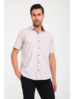 Fitmens Klasik Kısa Kol Açık Zemin Kutu Desen Keten Cotton Hediye Kutulu Erkek Gömlek FS-000745 - Kahverengi
