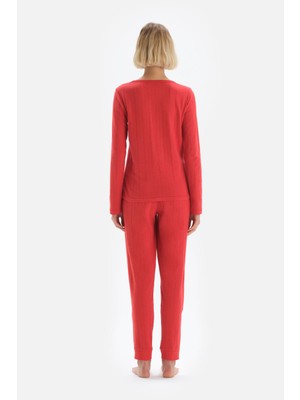 Kırmızı Uzun Kol Bisiklet Yaka Örme Pijama Takım