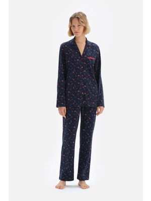 Lacivert Metraj Baskılı Ceket Yaka Süprem Pijama Takım