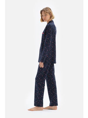 Lacivert Metraj Baskılı Ceket Yaka Süprem Pijama Takım